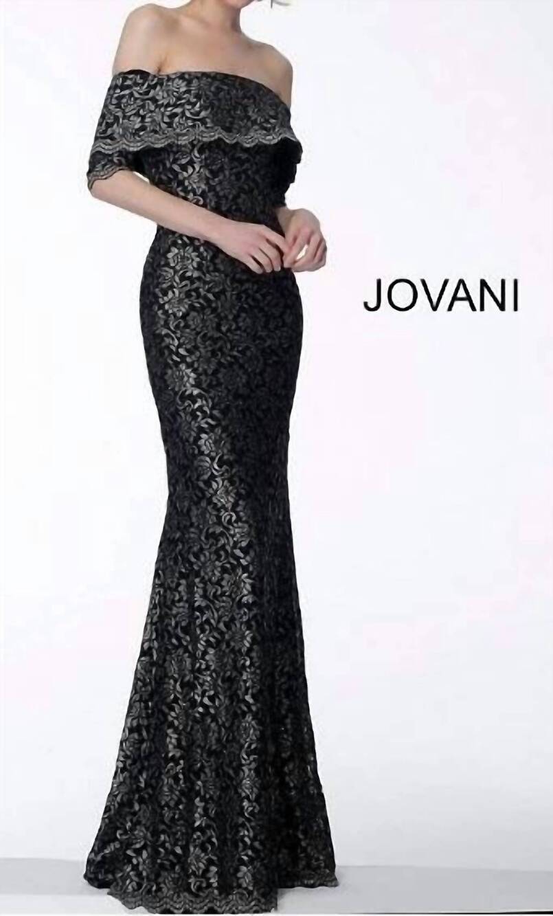 NEW JOVANI off-the-shoulder lace evening gown in black